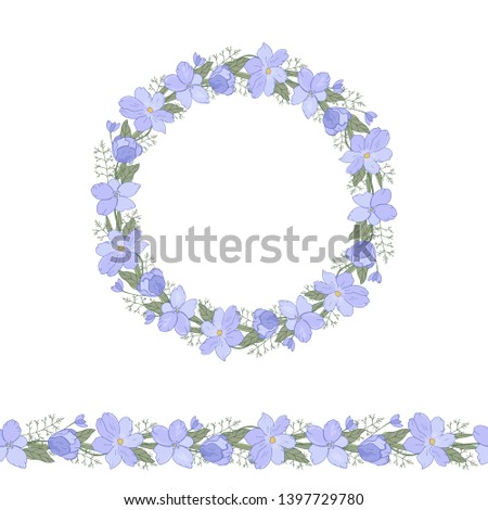 Round wreath of forest blue flowers - (Anemóne sylvéstris). Template for greeting cards. Seamless brush