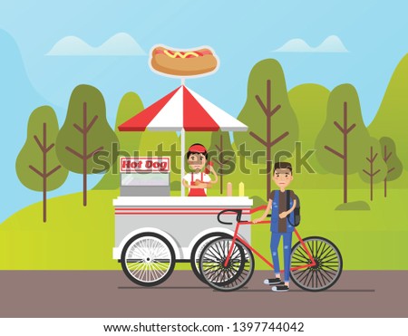 Person working at hot dog shop vector, street food selling in park. Bicyclist buying meal, service for people walking in forest. Hotdog dish with sausage