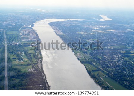 Aerial View of the Ohio River between Jeffersonville, Indiana and Louisville, Kentucky 