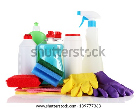 Bottles of dishwashing liquid and kitchen cleaners, isolated on white
