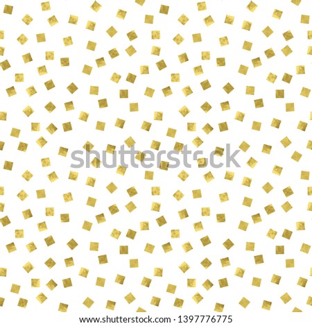 Bright abstract  modern seamless pattern with golden square confetti.  Vector illustration. Shiny cover. Texture of gold foil. Festive banner.