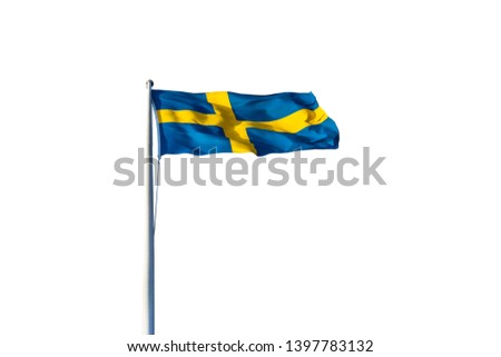 Swedish flag isolated on a white background. Swedish flag fluttering on wind. Sveriges nationaldag. National Day of Sweden. Swedish Flag Day.