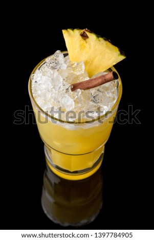 Alcoholic or non-alcoholic cocktail with lemon citrus and ginger with added liqueur, vodka, champagne or martini. Cool drink isolated on black background. Cocktail card