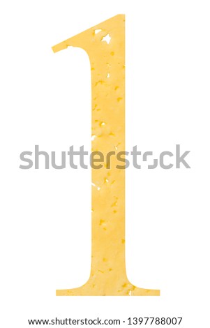 The figure "1" of cheese with holes on a white isolated background, a symbol of proper nutrition and education. Vertical frame