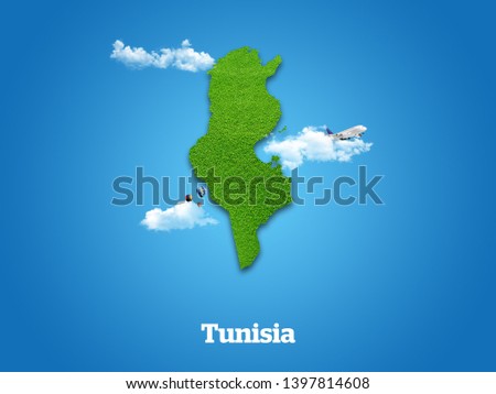 Tunisia Map. Green grass, sky and cloudy concept. Royalty-Free Stock Photo #1397814608