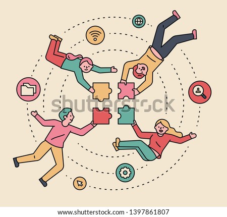 People who set up a puzzle piece in the air. Teamwork concept. flat design style minimal vector illustration