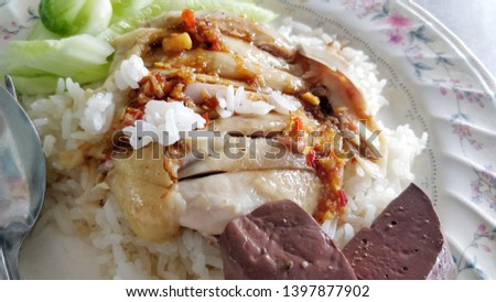 rice and Chicken meat with sauce in dish