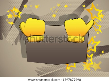 Vector cartoon hand holding a book, hiding behind it. Illustrated hand on comic book background.