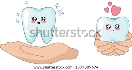 Kawaii cartoon tooth and peaple hands - dental care and protection concept, cute characters - healthy teeth, dentistry. Vector flat illustration 