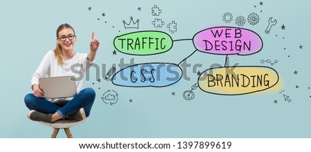 Web design concept with young woman using her laptop