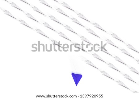 paper airplanes flying together on white background isolated. Concept of leadership and creativity, image of business use or professional motivation.