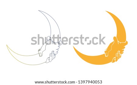 Illustration of two hands winning and two crescent moon in Ramadan