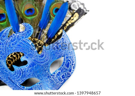 Blue carnival mask on white background