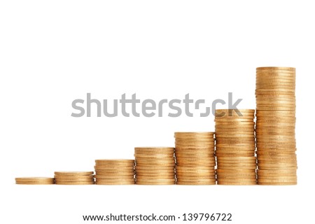 Columns of golden coins isolated on white