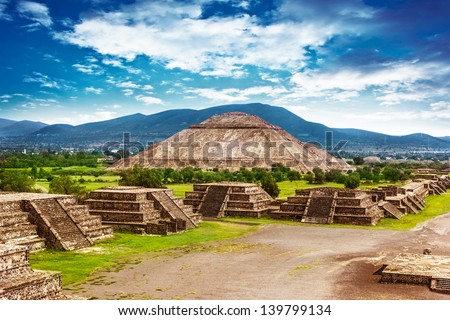 Pyramids of the Sun and Moon on the Avenue of the Dead, Teotihuacan ancient historic cultural city, old ruins of Aztec civilization, Mexico, North America, world travel Royalty-Free Stock Photo #139799134