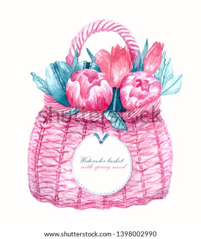 watercolor wicker basket with peonies and tulips