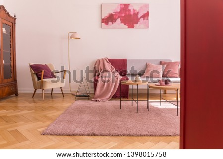 Armchair next to lamp and settee with red and pink blanket in flat interior with poster. Real photo