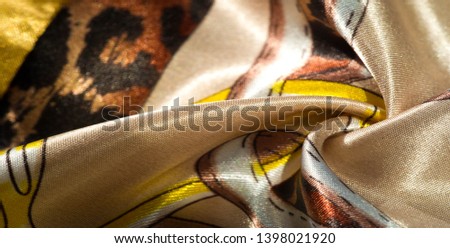 Texture, background, pattern, decorative silk fabric. This collection of silk fabrics with digital printing from RJR is distinguished by bright abstract shapes and colors. Royalty-Free Stock Photo #1398021920
