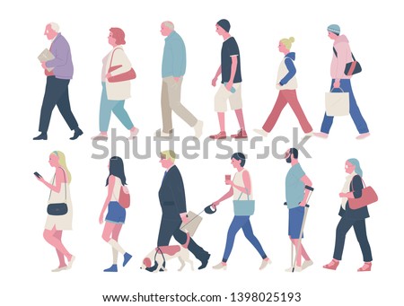 The profile of various people walking down the street. flat design style minimal vector illustration