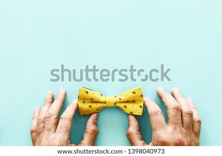 Father's day concept. Hipster bow tie onblue wooden background. top view, flat lay