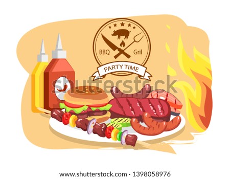 Bbq grill party time color raster illustration label with meat fork and knife stripe text sample lot of barbecue sauces set big flame