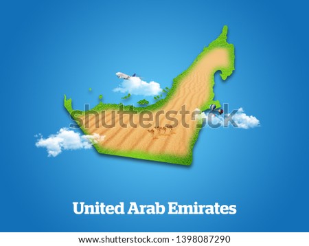 United Arab Emirates Map. UAE Green grass, sky and cloudy concept. Royalty-Free Stock Photo #1398087290