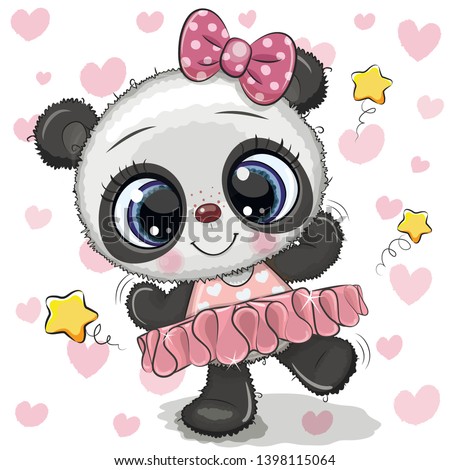 Cute Cartoon Panda Ballerina on a hearts background