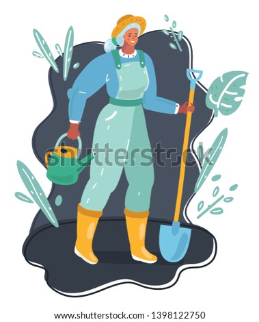 Cartoon vector illustration of woman ready to work at the backyard, farm or garden. Female character with shovel and watercan on dark background.