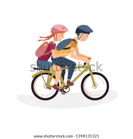 Teenagers outdoor activity and friendship concept. Two kids on one bicycle - red haired girl and boy having fun together in park. Dynamic flat isolated vector illustration.