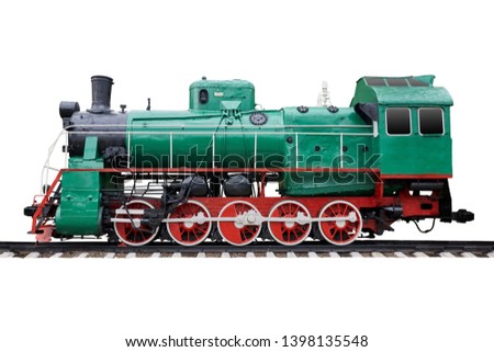 Old steam locomotive standing on rails, vintage train, general view. Isolated on white. Royalty-Free Stock Photo #1398135548