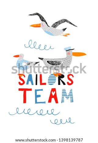 Sailors team. Nautical hand drawn vector illustration for kids. Cute funny sea birds sailors. Seagull in sea sailor's striped vest. Albatros in captain cap. Cartoon flat marine background. 