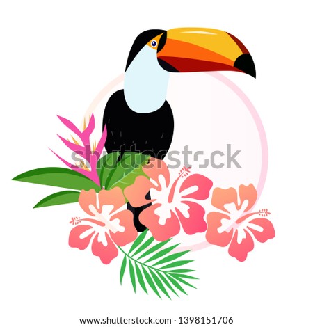 Beautiful toucan with hibiscus flowers vector illustration