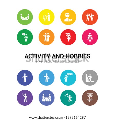 16 activity and hobbies vector icons set included bungee jumping, butterfly catcher, checkers, cigarette, climbing, collecting, coloring, comic, cooking, cosplaying, couple huging icons