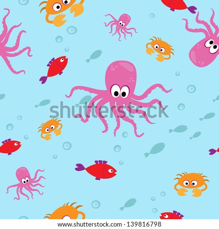 Seamless pattern of sea crabs, fish and octopus. Vector illustration.