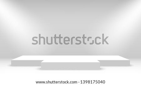 White podium with spotlights. Stage for awards ceremony. Pedestal. Vector illustration. Royalty-Free Stock Photo #1398175040