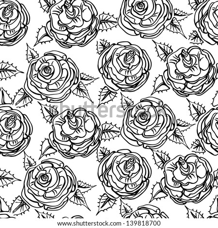 Seamless pattern with roses. Vector black and white outline drawing, sketch style. May be used for design of wrapping paper, textile,  wallpaper, background etc