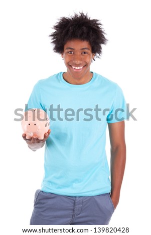 Young black teenage men holding a piggy bank , isolated on white background - African people