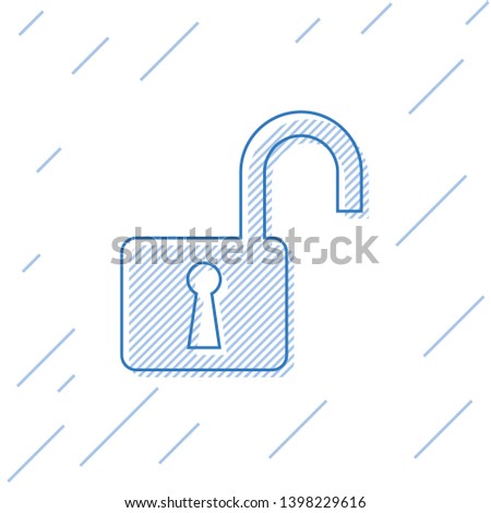 Blue Open padlock line icon isolated on white background. Opened lock sign. Cyber security concept. Digital data protection. Safety safety. Vector Illustration