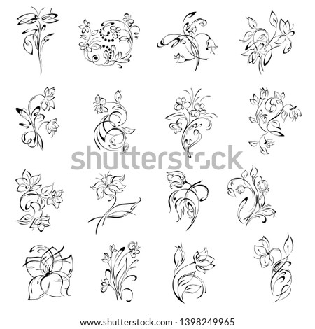 stylized flowers on stems with leaves in black lines on white background. SET