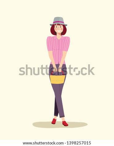 Young woman stands cross-legged. Vector flat illustration