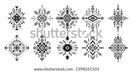 Aztec vector elements. Set of ethnic ornaments. Tribal design, geometric symbols for border, frame, tattoo, logo, cards, decorative paper. Navajo motifs, isolated on white background. Royalty-Free Stock Photo #1398261503