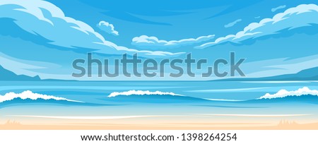 Vector illustration of seascape with ocean shore and clouds