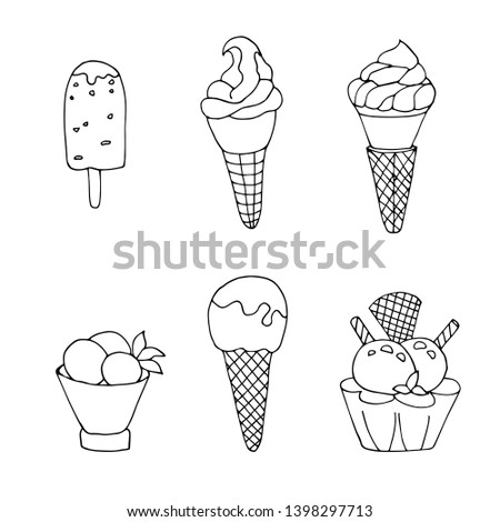 Cartoon  set of ice cream. Fun sketch summer food collection. Sweet  hand drawn  illustration. 