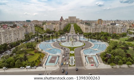Bucharest, Romania - May 4th 2019: Aerial view of the city of Bucharest Royalty-Free Stock Photo #1398300263