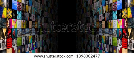 Web streaming media TV video technology and multimedia business internet communication concept: background with endless walls of screens with color photos and colorful displays with different