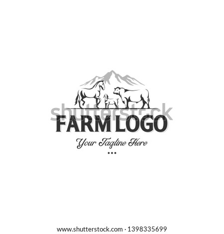 monochrome label of farm animals cow, horse and goat with the mountain background