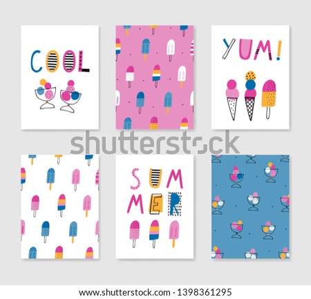Set of cute creative card templates with ice cream theme design. Hand Drawn. For birthday, anniversary, party invitations. Vector illustration. Pink, yellow, blue.