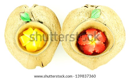 Candle in coconut shell on a white background