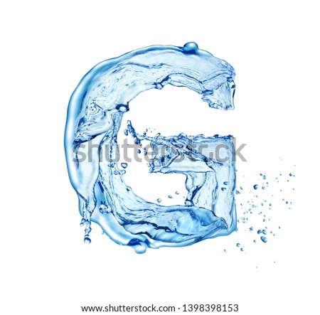 blue water splash alphabet letter G isolated on white background Royalty-Free Stock Photo #1398398153