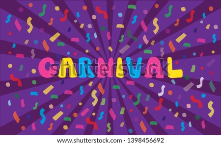 Hand drawn Carnival on violet background with confetti and rays. Lettering logotype, badge, icon. Party, masquerade poster card, invitation. Vector lettering. Celebration calligraphy banner. 